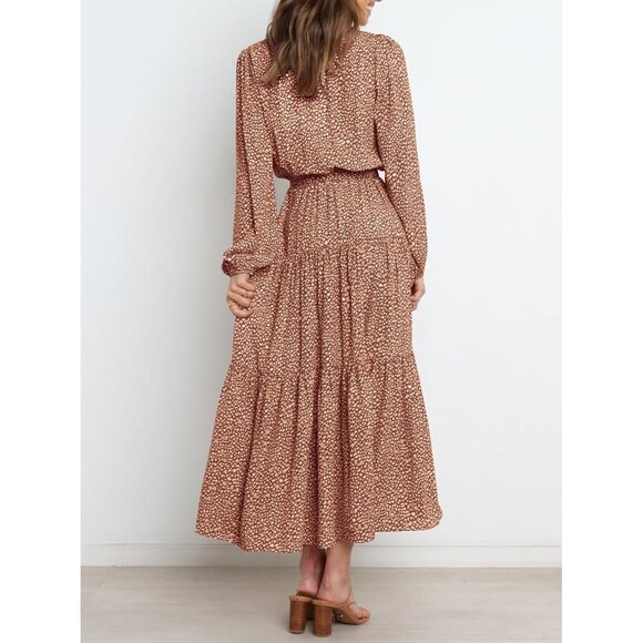 PrettyGarden Women Khaki Polyester V Neck Long Sleeve Floral Maxi Dress - Picture 5 of 5